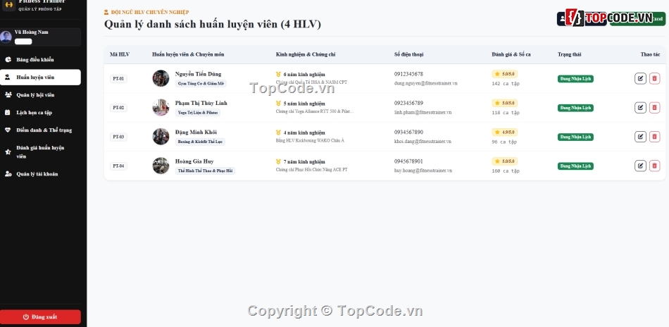 thể hình,đặt lịch,code tập thể hình